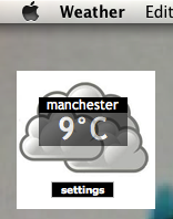 The Weather Widget on the mac desktop, with the Mac "application" menu showing "Weather"